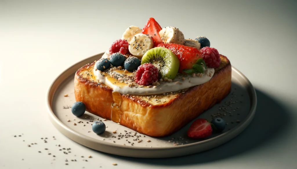 french toast con crema alla farina d'avena frutta fresca e semi di chia